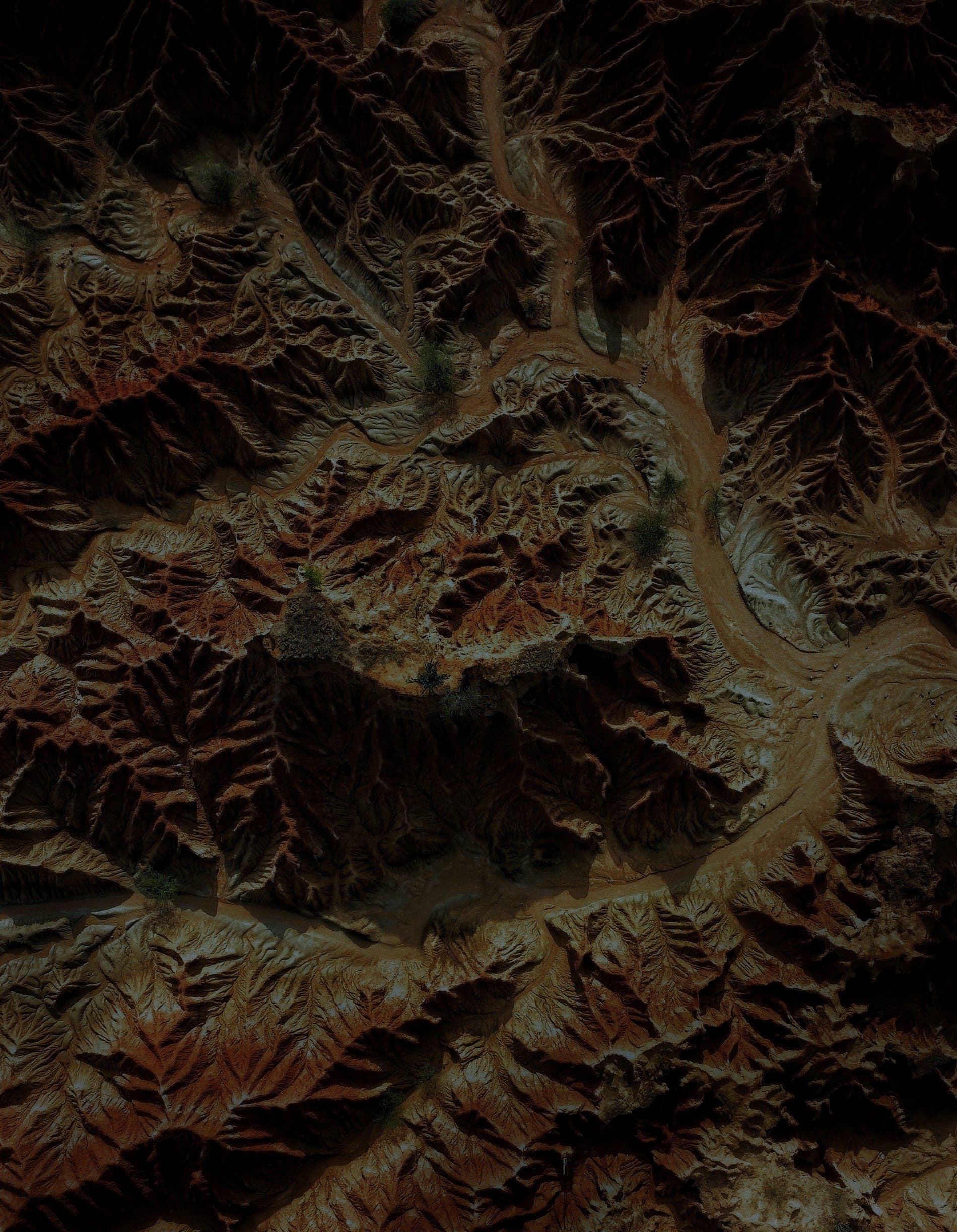 Aerial view of rugged terrain carved by dry river channels